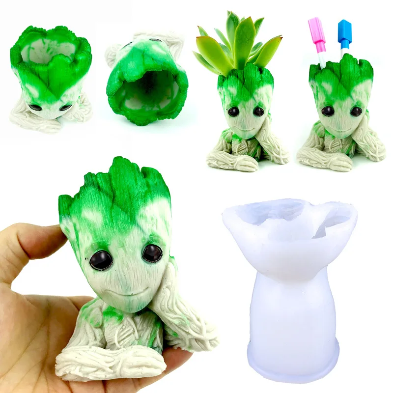 Tree Groot Shaped Flower Pot Pen Holder Epoxy Mold DIY Cartoon Doll Keychain Pendant Silicone Mold Handicraft Making Tools