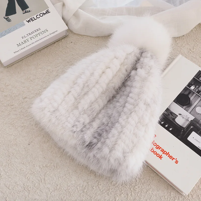 Women Winter Hats Real Mink Fur Hat For Women Thicken Female Fur Caps Ladies Winter Knitted Mink Beanies Fox Pompoms Hat