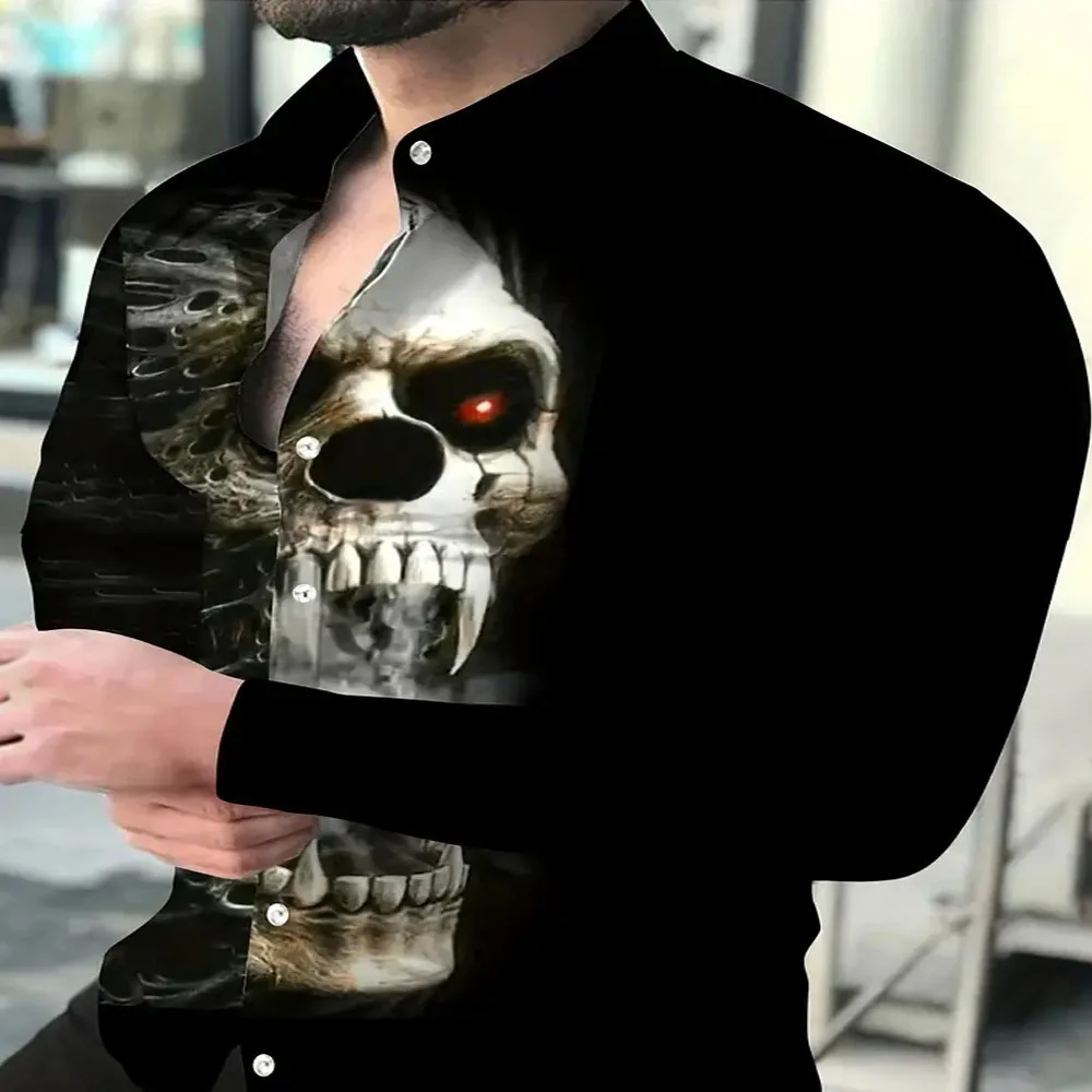 

Oversized Men's 3D Skull Print Casual Shirt, Fashion Personalized Slim Fit Long Sleeve Shirt For Spring/Autumn, Men's Clothing
