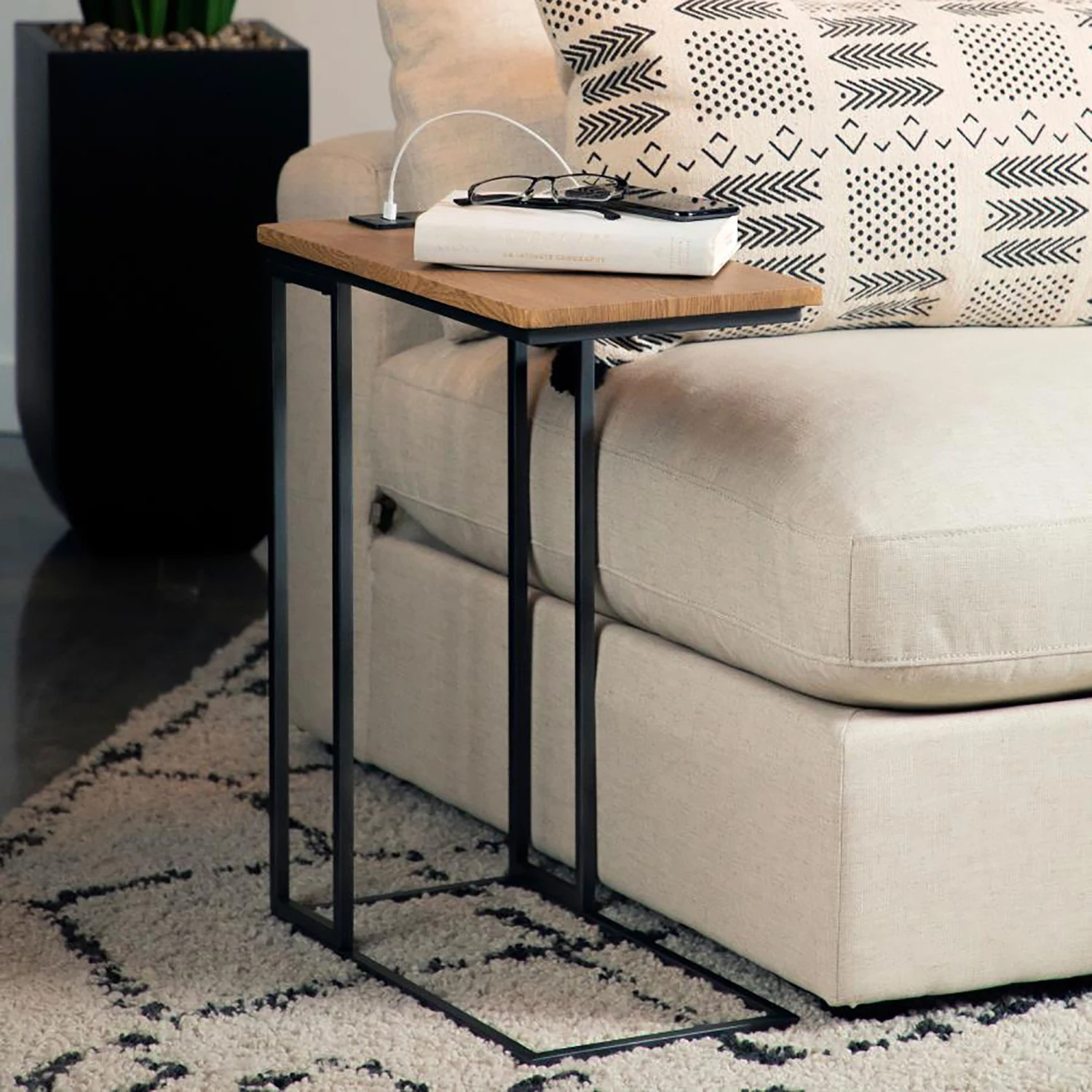 

Gunmetal and Natural C-Shape Snack Table with Power Outlet