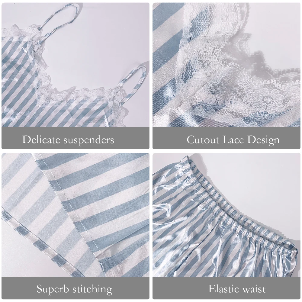 Lace Sliding Surface Sleepwear Set Women Pajamas Shorts Female Cute Sexy Home Clothes Women Stripe-shaped Print Homewear New women pajamas set women pajama suit