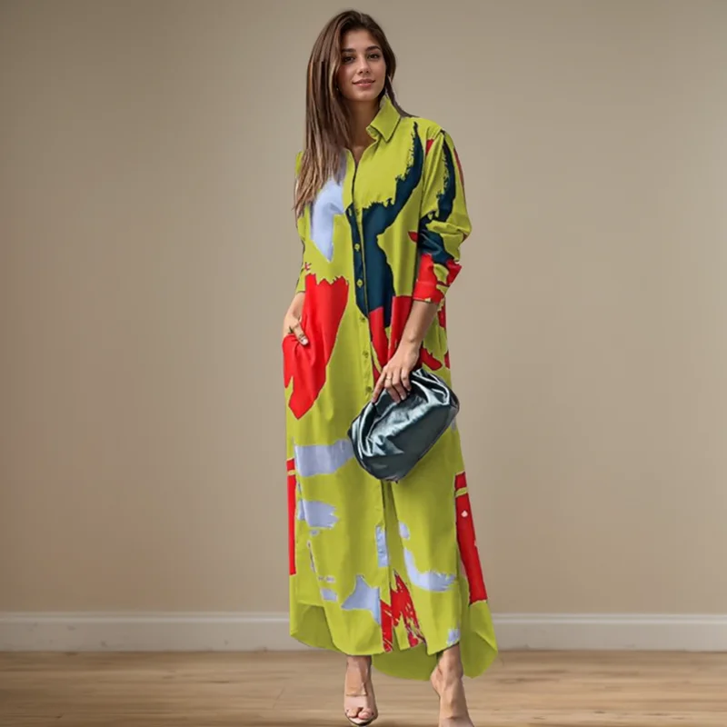 Fashion Sexy Side Split Turn Down Collar Shirt Long Dress Elegant Temperament Printed Long Sleeve Pocket Single Breasted Dress 3