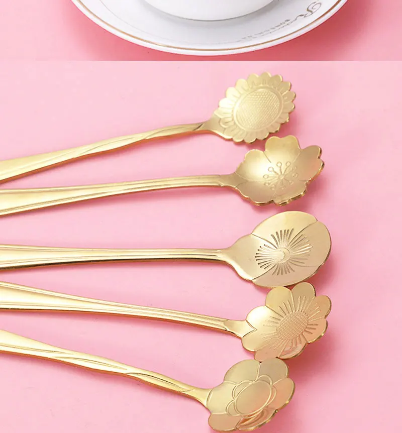 8Pcs Kleine Blume Teelöffel Edelstahl Kirsche Rose Blume Kaffee Löffel Geschenke Küche Dessert Zubehör Geschirr Dekoration Set – Detail 9