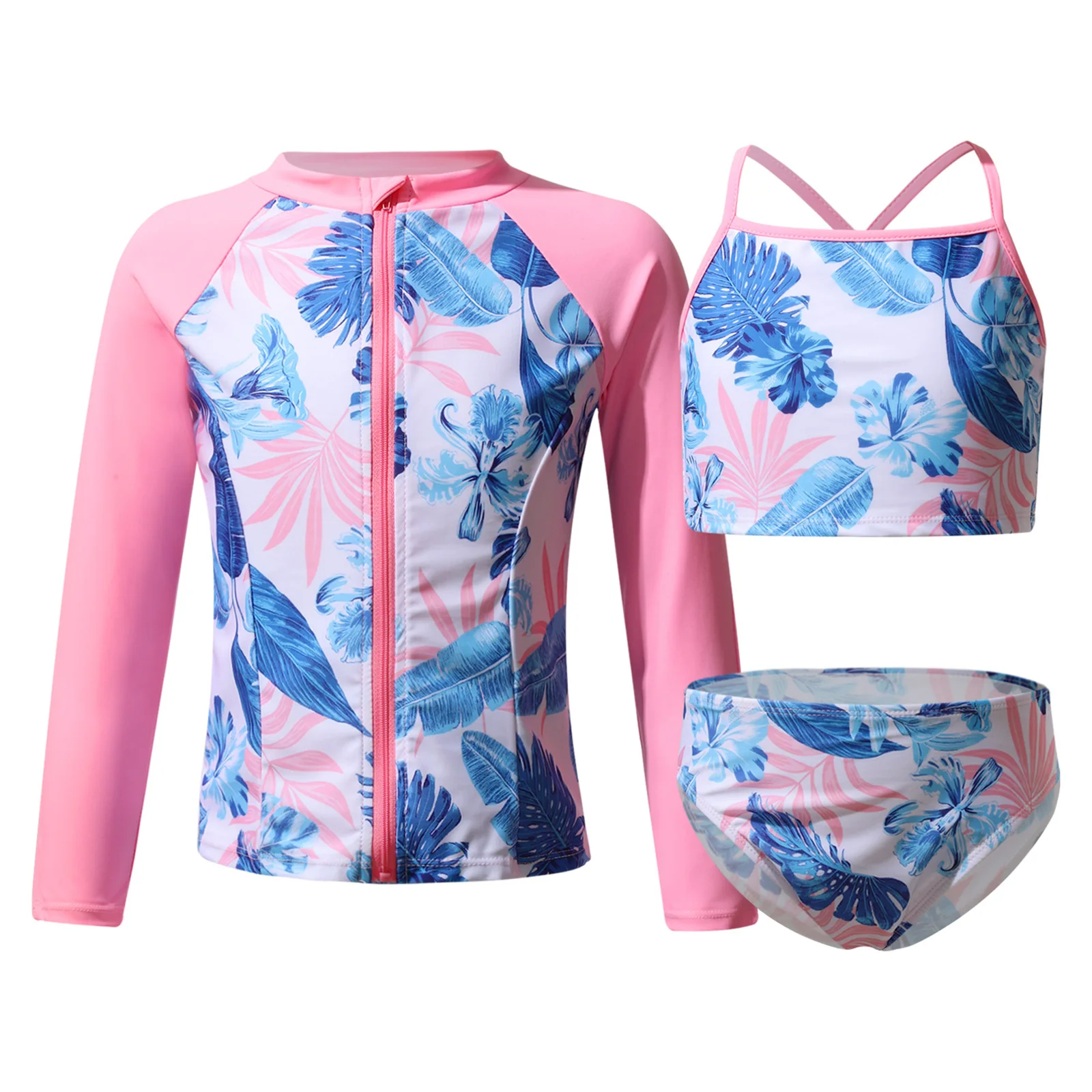 3Pcs Kids Girls Swimsuit Swimming Suits Straps Tops with Briefs and Long Sleeve Zipper Coat Set Beachwear Swimwear Bathing Suits