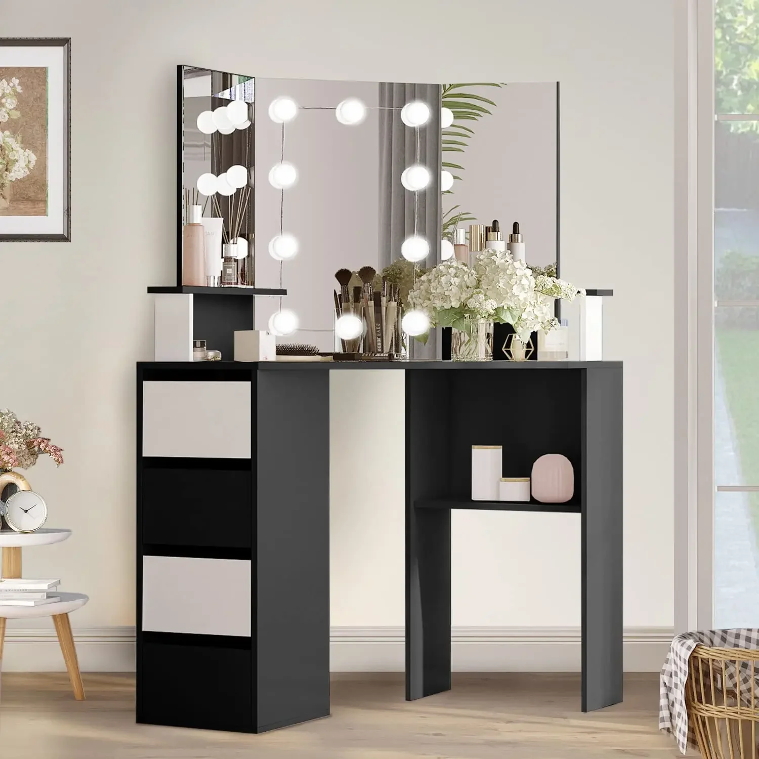 

Corner Vanity Desk With Lighted 3-Fold Mirror And 4 Drawer Makeup Dressing Table