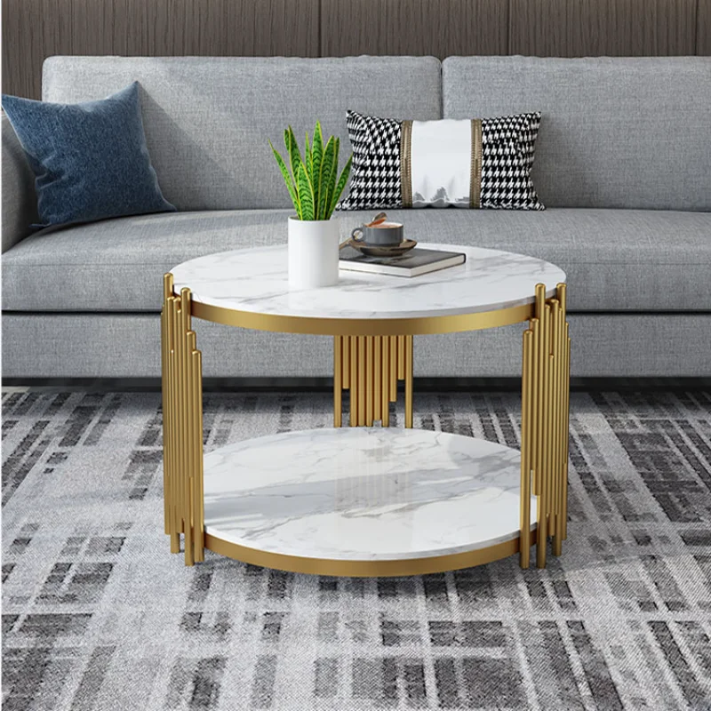 

Light luxury style living room central dining table round coffee table double table top rock steel coffee table