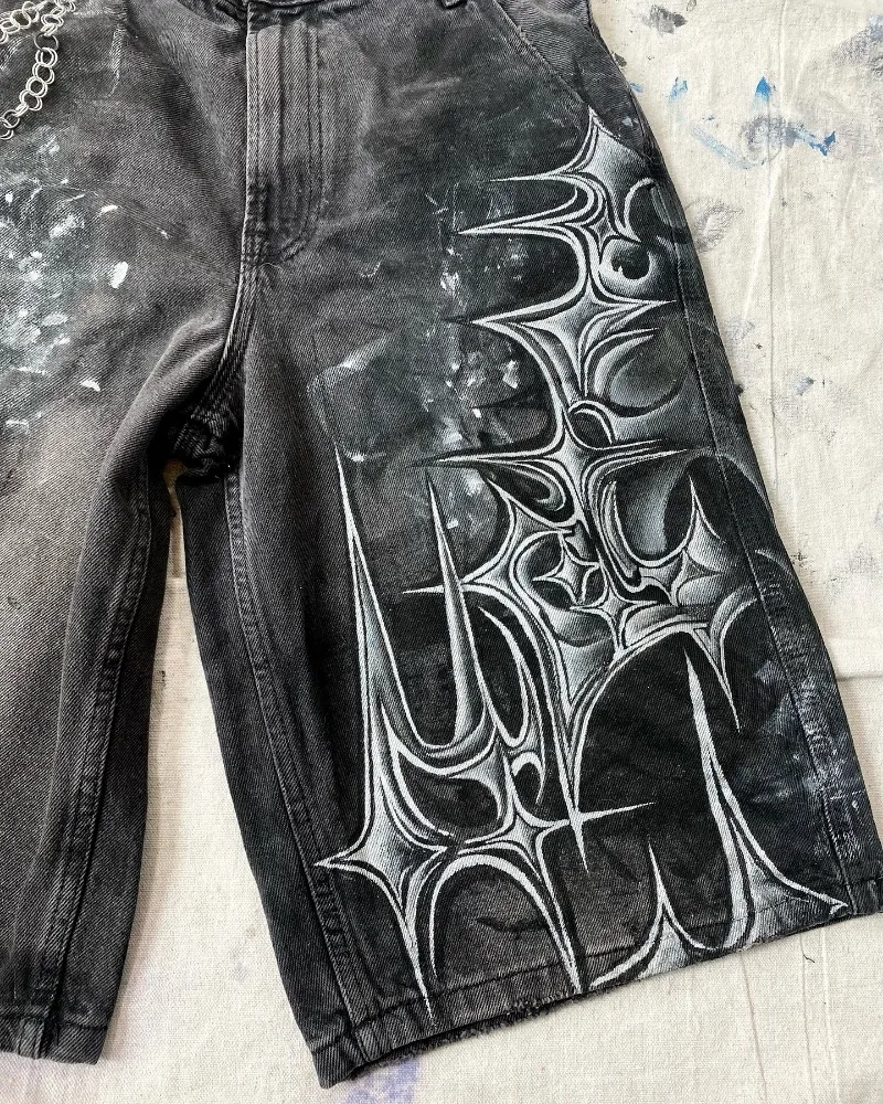 Y2K New Harajuku Fashion Oversized Geometric Print Denim Short Men Vintage Gothic Hip Hop Popular Casual Joker High Waist Shorts denim shorts