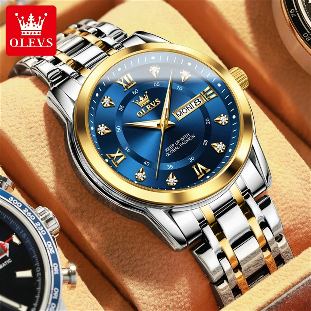 Olevs Top Brand Luxury Gold Blue Quartz Watch Men Acciaio Inossidabile Luminoso Orologi Impermeabili Calendario Settimanale Orologio Da Lavoro Da Uomo
