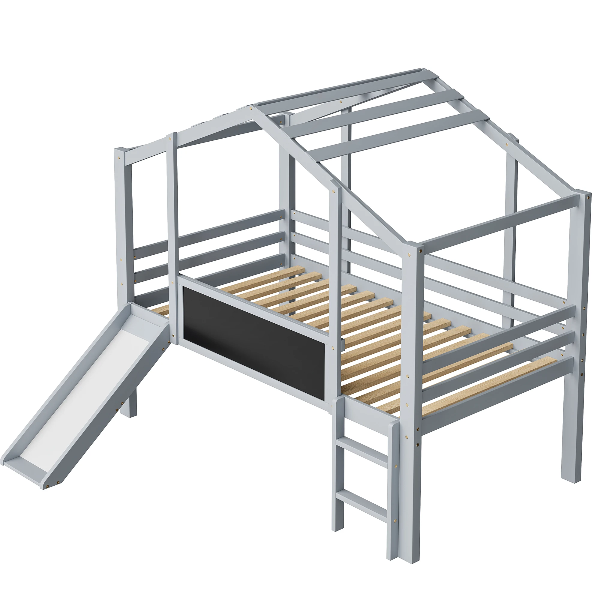 KOMHTOM Holzfarbenes Massivholzkinderhochbett mit Dachboden Design Sicherheitsleiter Sicherheitsrutsche und Graffiti Tafel – Detail 9