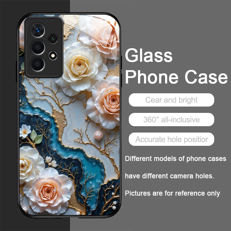 White Camellia Marble Texture Tempered Glass Phone Case