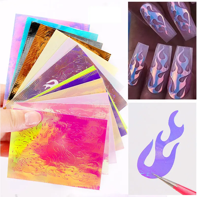 3D Holographic Fire Nails Art Stickers Designer Laser Flames Nail Sticker Decal Transfer Foil Decorations Accesoires
