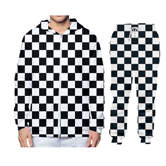 Black And White Plaid Checkerboard Casual Streetwear Sweatshirt Pants 3d Crewneck Hoodie Pullovers Men/Women Tracksuit Oversized 6