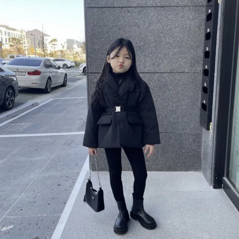 Fashion Baby Boy Girl Cotton Padded Suit Jacket Winter Child Waist Belt Coat Warm Outwear Turn Down Collar Baby Clothes 2-10Y