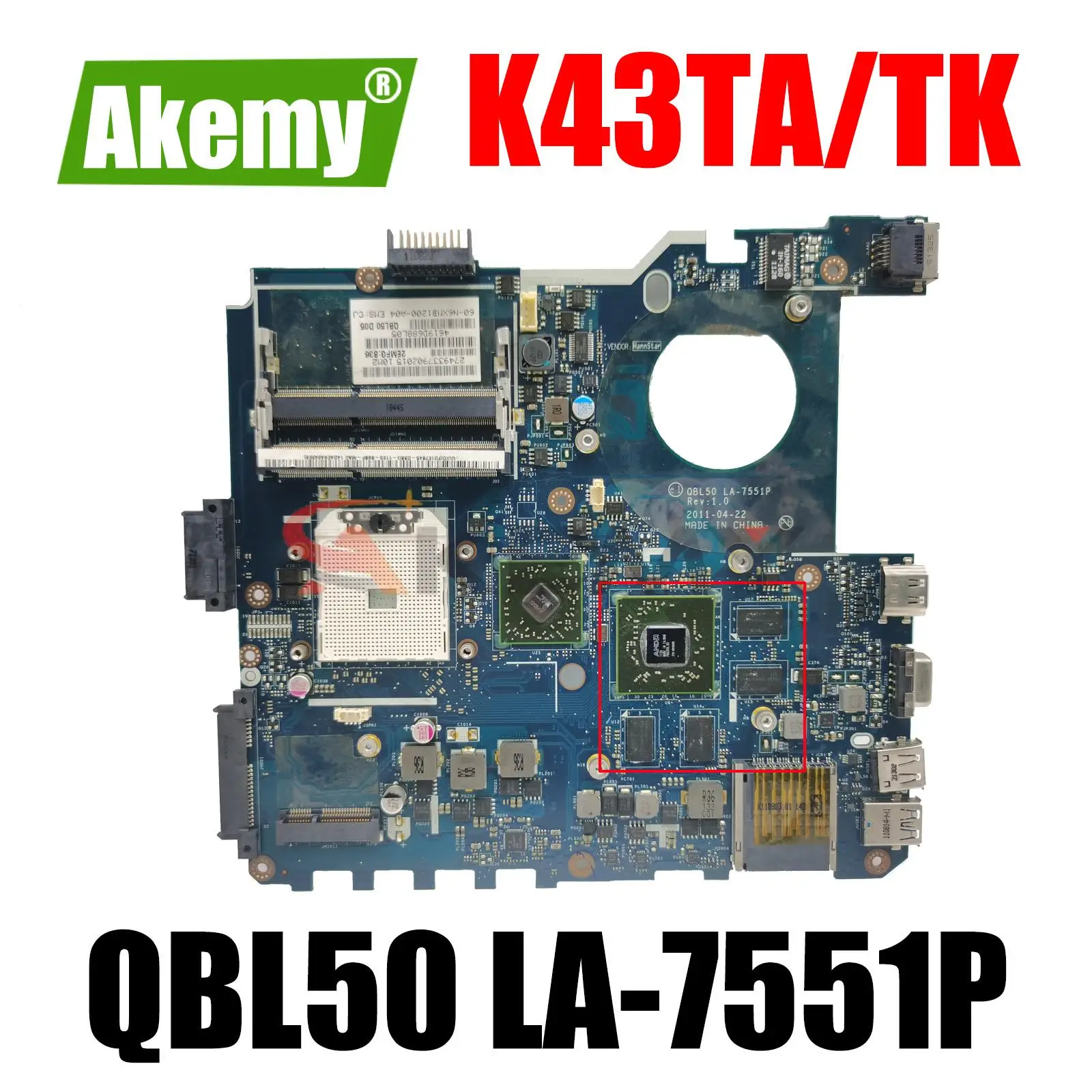 

For ASUS K43T K43TA K43TK X43T laptop motherboard QBL50 LA-7551P motherboard HD7670M 1G 100% test work. Original