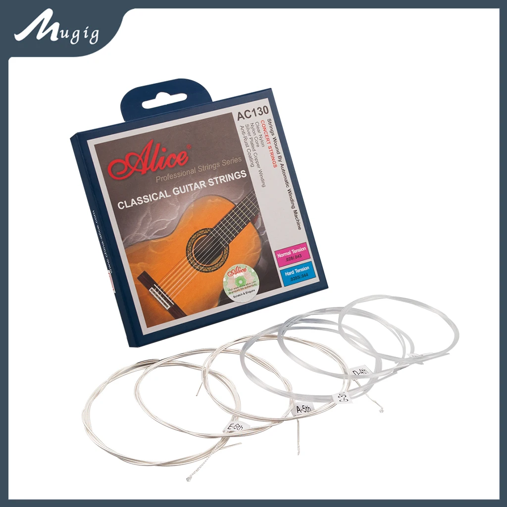 Mugig Alice AC130-H 6Pcs/set Nylon Classical Guitar Strings (.0285-.044) Hard Tension lommi alice a103 classical guitar strings clear nylon strings 0285 044 inch tension normal tension with anti rust coating