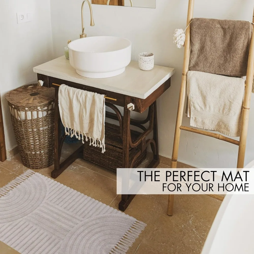 Beautiful Boho Rug with Tassels for Your Bathroom - Soft 2 x 3 ft. Cotton Rug Fits Perfectly Into Your Bath - Washable, Non-Sli