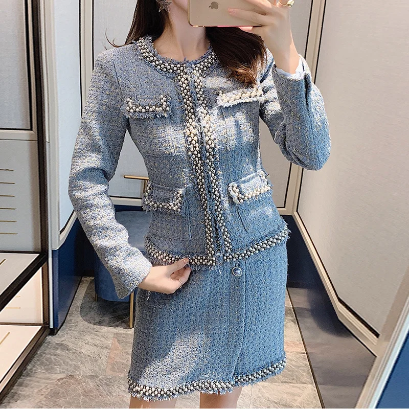 winter-women's-high-quality-professional-knit-woolen-suits-blue-slim-fit-tweed-jacket-high-waist-skirt-two-piece-sets