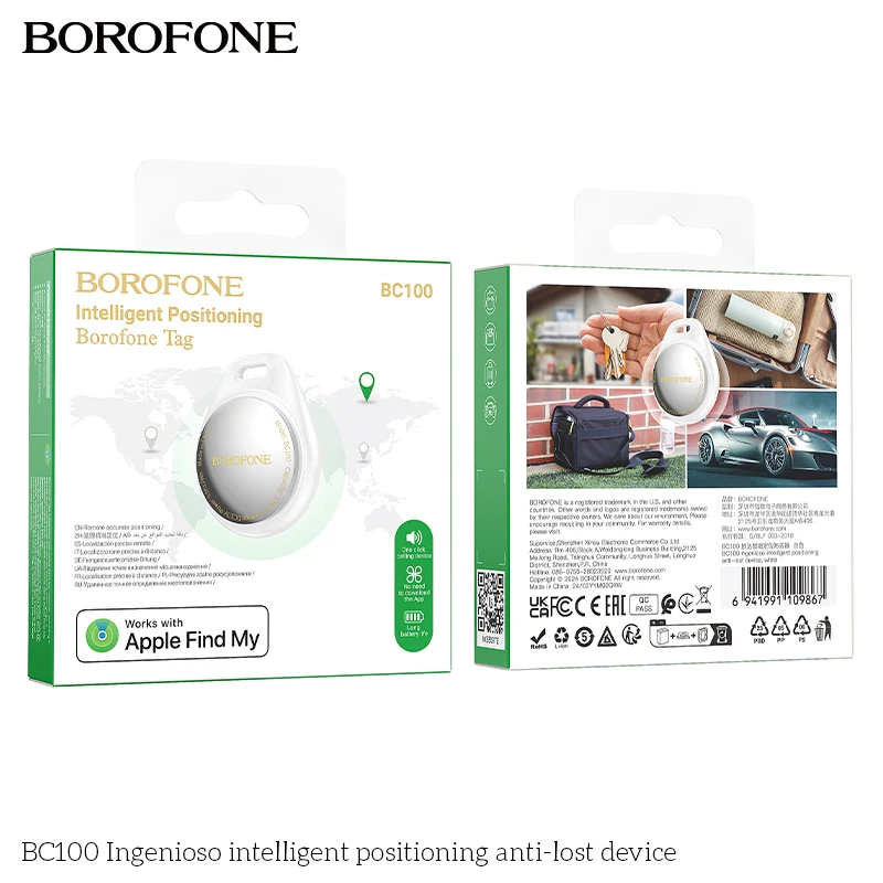 BOROFONE BC100 Mini GPS Airtag Tracker For Car Keychain Pets For Apple IOS Find My App Alarm Locator with Case Anti Lost Device