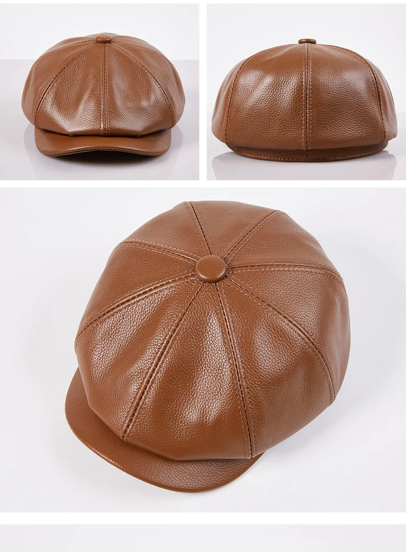 Cowhide Genuine Leather Retro Brown Men's Warm Cap - Spring/Winter Beret Style