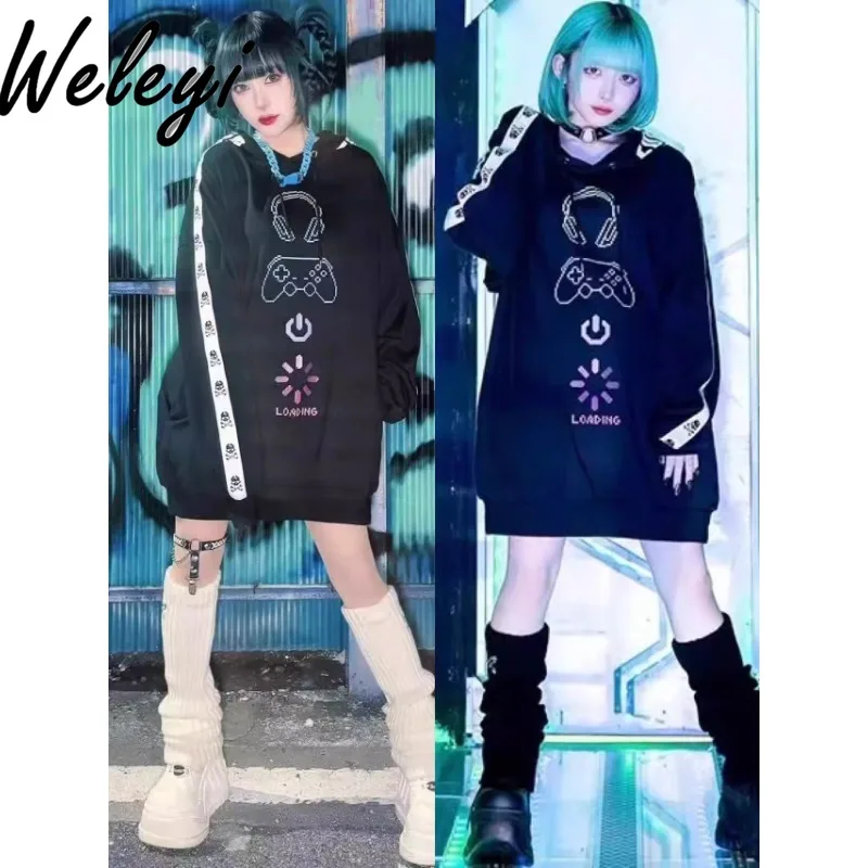 Gothic Y2k Sweet Cool Mid Length Sweatshirt Women's 2024 Spring and Autumn Subculture Streetwear Loose Long Sleeve Hooded Jacket