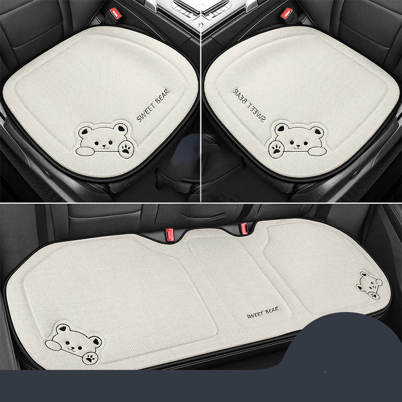 Fashion Cartoon Bear Car Seat Cover Linen Breathable Auto Dustproof Car Seat Cushion Universal Wear-resistant Seat Protector Pad