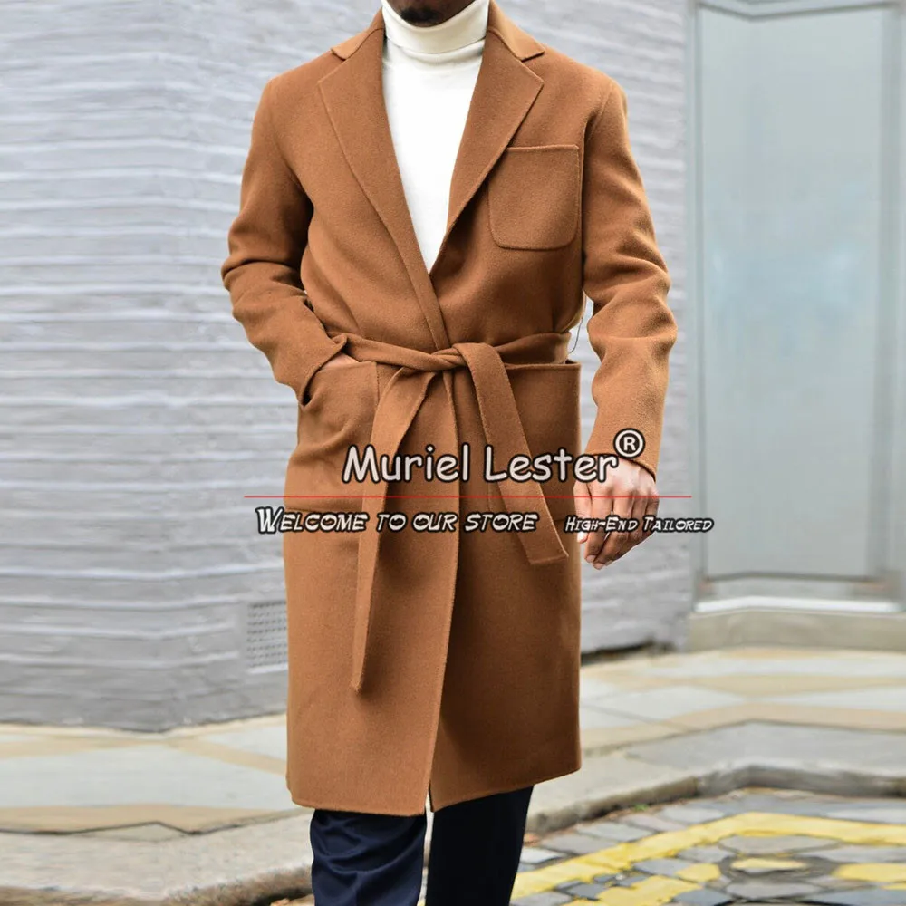 

Man Brown Suit Jackets Tailor Made Business Office Blazer With Belt Tweed Wool Blend Trench Coat Long Men;s Overcoat Outwear
