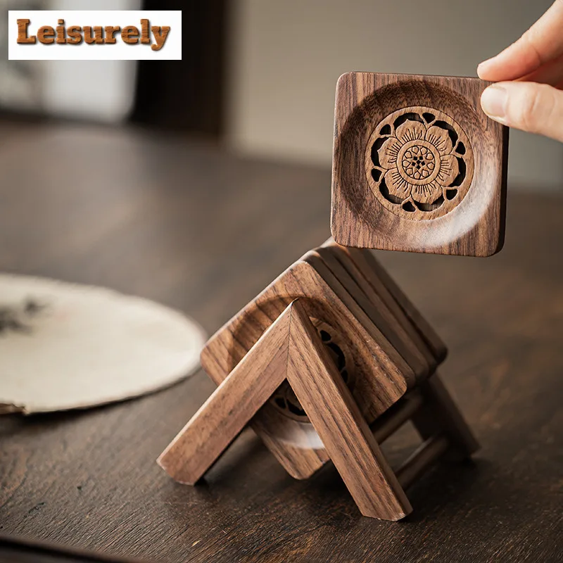 6pc/set Walnut Coasters Lotus Shaped Circular Square Coasters Elegant Cup Mat Coffee Cups Saucer Anti-scald Placemats Cup Holder