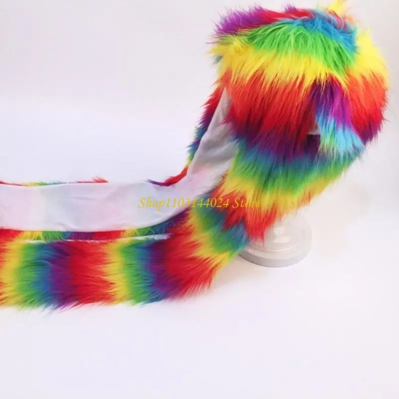 N5KE 3-in-1 Damen-Regenbogen-Kapuzenschal mit Taschenmütze, langer Schal, Handschuhe, Plüschwärmer – Detail 10