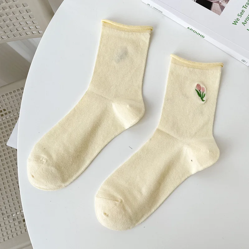 

Spring Summer Japanese Style Solid Colors Cotton Socks Kawaii Middle Tube Thin Breathable Harajuku Short Socks for Ladies Girls