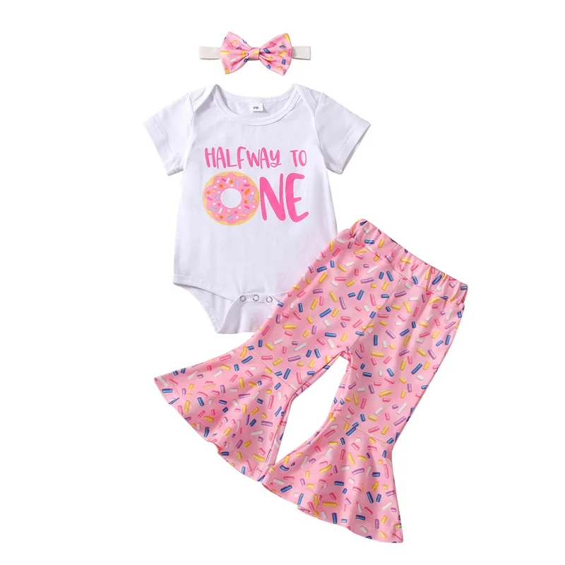 

Bmnmsl Baby Girls Summer Outfit Sets White Short Sleeve Letter Print Romper + Donut Print Flared Pants + Headband