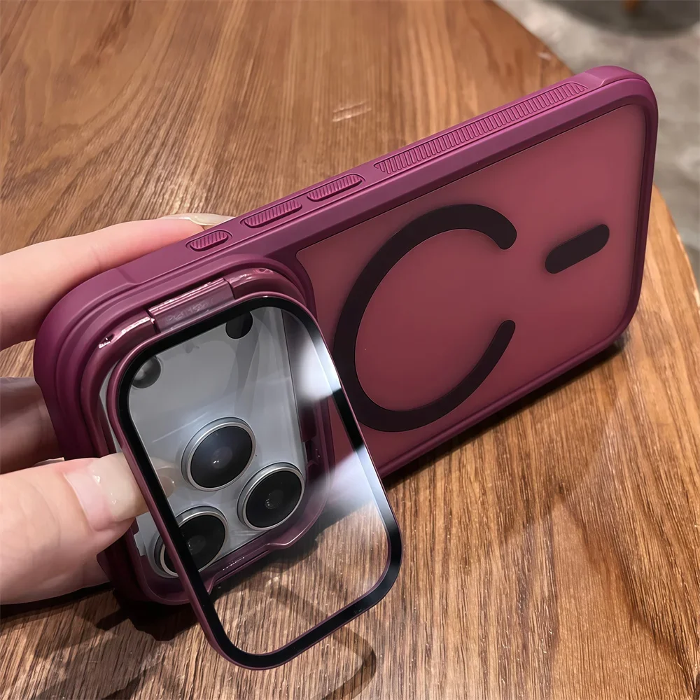 Magnetic Armor Flip Stand Phone Case with Full Lens Protection - Matte Finish and Air Design