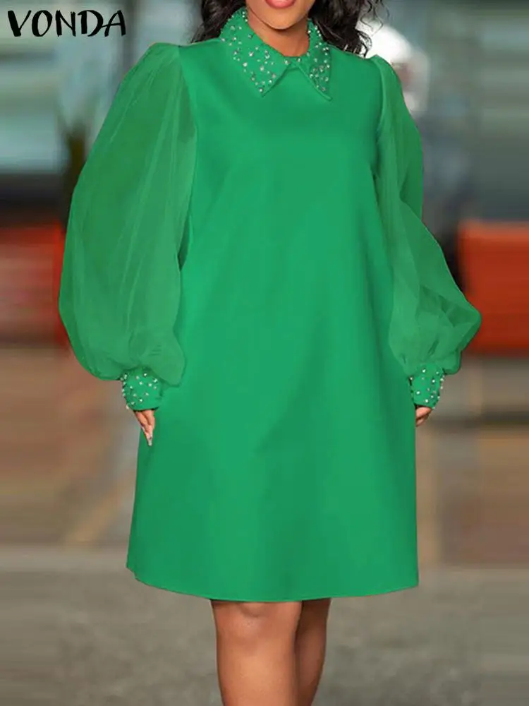 

Элегантное платье 2023 VONDA женское модное осеннее короткое Кружевное платье с длинным рукавом и отложным воротником