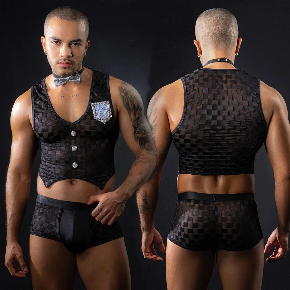 

JSY Sexy Waiter Uniform Cosplay Lingerie Men Underwear Lace Top and Pants Bodysuit Erotic Porno Costumes Sexy Role Play Outfits