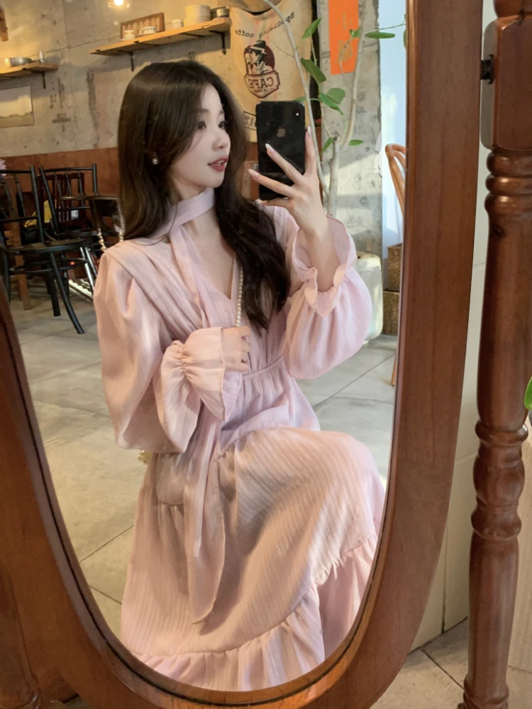 Elegant Autumn Midi Dresses for Women V-neck Flare Sleeves A-line Solid Korean Fashion Casual French Vintage Vestidos Mujer New