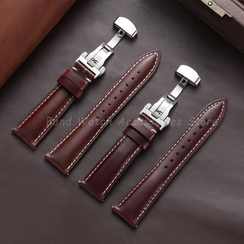 Vintage Brown Oil Wax Leather Watch Strap with Butterfly Buckle - Men's Accessory