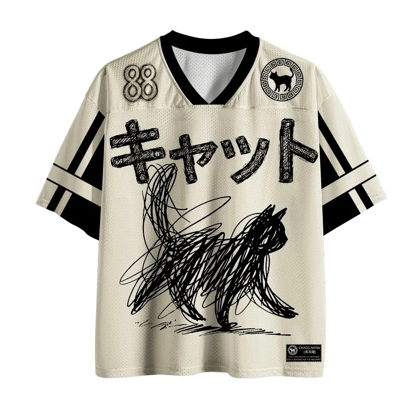 2026 Neues japanisches Strohstrick-Kätzchen-V-Ausschnitt-Shirt für Herren – lockeres Freizeit-Sport-T-Shirt mit kurzen Ärmeln für Outdoor-Aktivitäten, schnelltrocknend