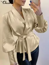 

Celmia Fashion Women Blouses 2022 Elegant Lapel Puff Long Sleeve Bandage Wrap Tunic Tops Casual Loose Solid Shirt Streetwear