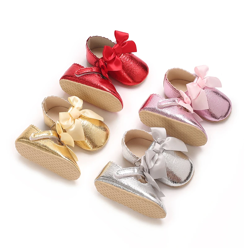 4-color baby girl fashion solid color princess shoes comfortable soft sole non-slip toddler shoes cute bow baptism first walker