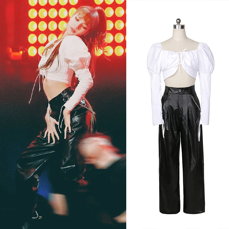 

Fashion Kpop Outfit White Top Bright Leather Pants For Women'S Group Jazz Dance Costumes Nightclub Ds Dj Rave Clothes XS5368