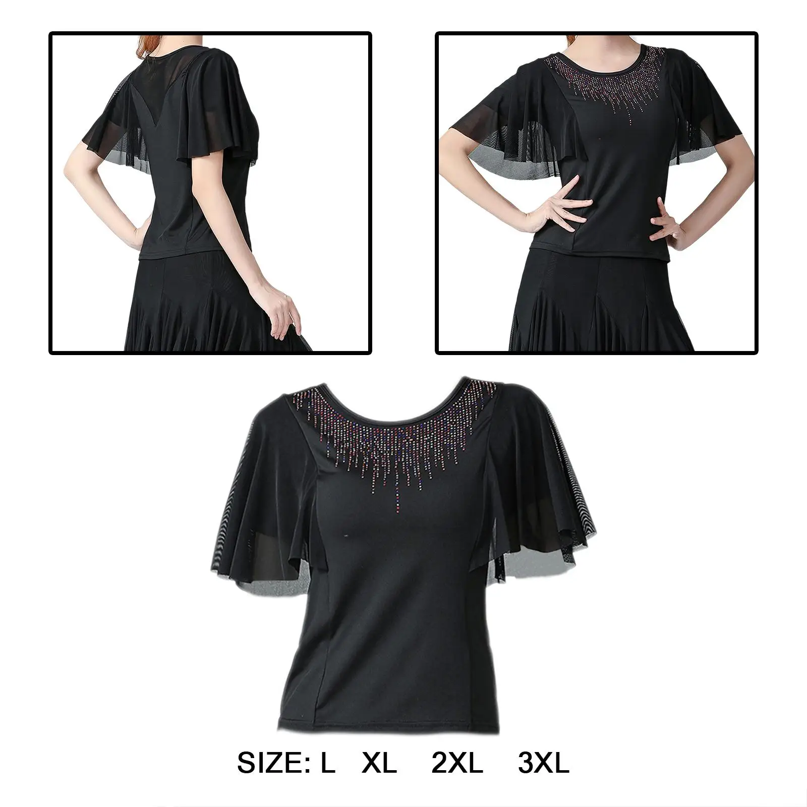 Women Ballroom Dance Tops Modern Bell Sleeves Blouses for Waltz Rumba Black