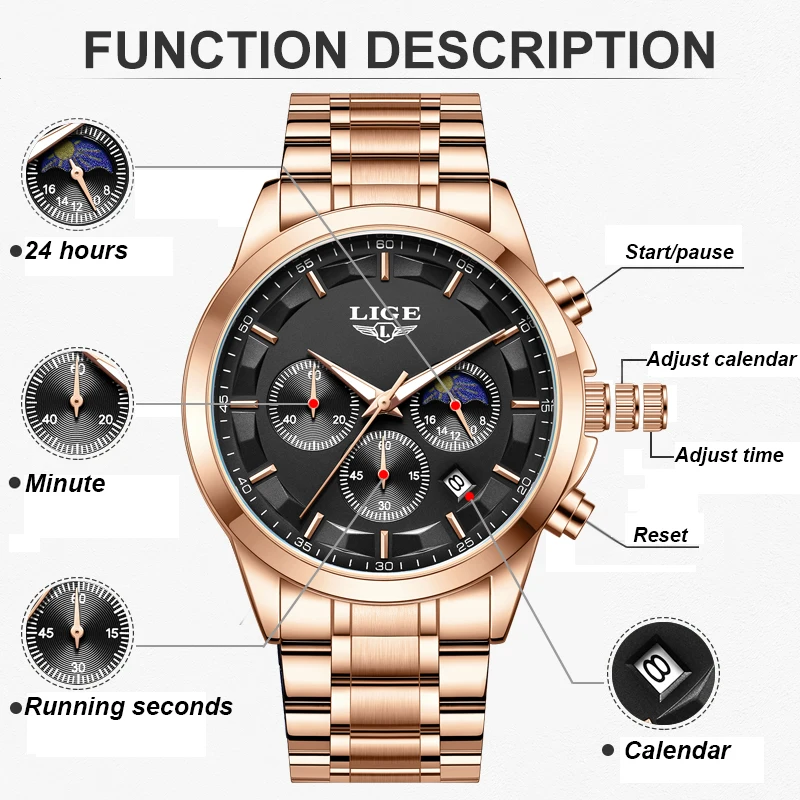 LIGE New Sports 24 Hour Moon Phase Chronograph Wrist Watch For Men Fashion Business Waterproof Luminous Men's Quartz Watches