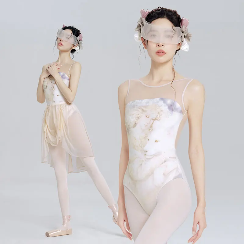 Women Ballet Leotard Printing Sleeveless Vest Dance Leotard Adult Bodysuit