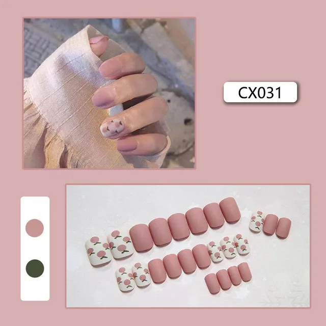 24pcs/box Fake Nails Press on Short Reusable with Designs Set French Artificial Pink False Tipsy Stick-on Nails Tips Art CX031