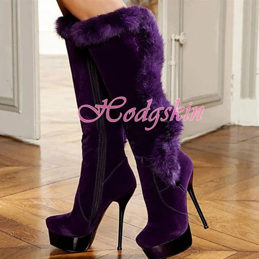 

Fur Suede Platform Boots Solid Purple Round Toe Stiletto Heels Women Warm Shoes Knee High Zipper Boots Winter Party Dress Sexy