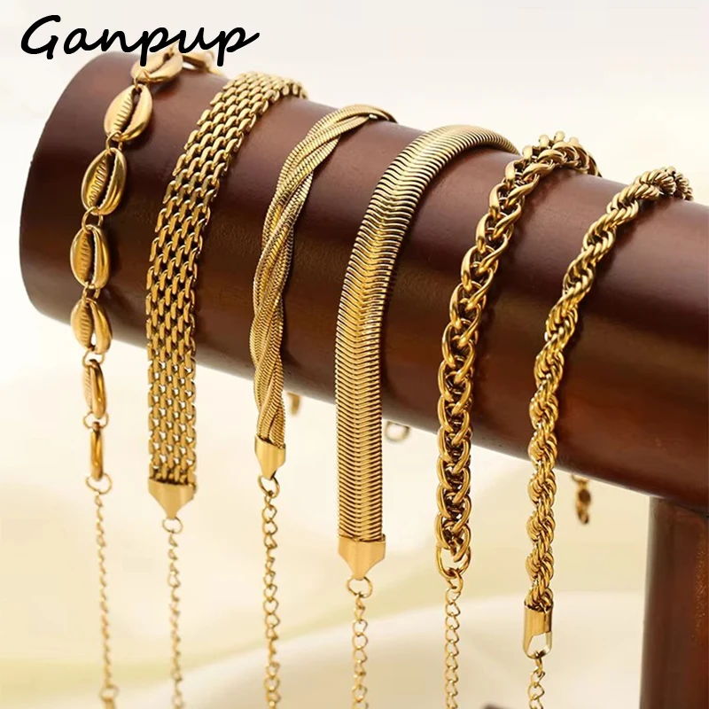 GANPUP Statement-Kettenarmband mit Textur, dickes Armreif-Armband für Damen und Herren, 18 Karat Gold, PVD-beschichteter Edelstahl, lichtbeständiger Schmuck, Geschenk