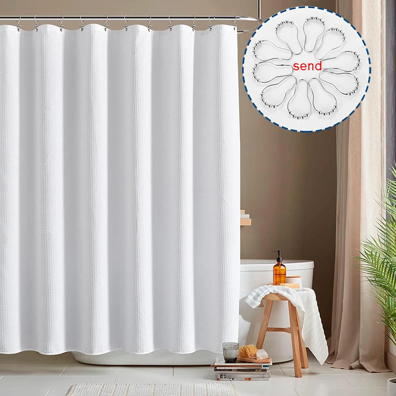 

Pure White Jacquard Waterproof Shower Curtains for Bathroom Nordic High-end Waffle Textured Bathroom Curtains with Metal Hooks