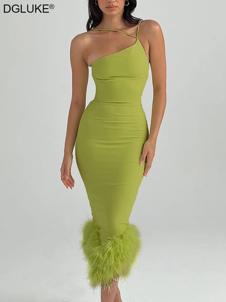 Chic And Elegant Evening Dresses For Women 2022 One Shoulder Fringed Cocktail Party Dress Sexy Bodycon Midi Dress Green Black