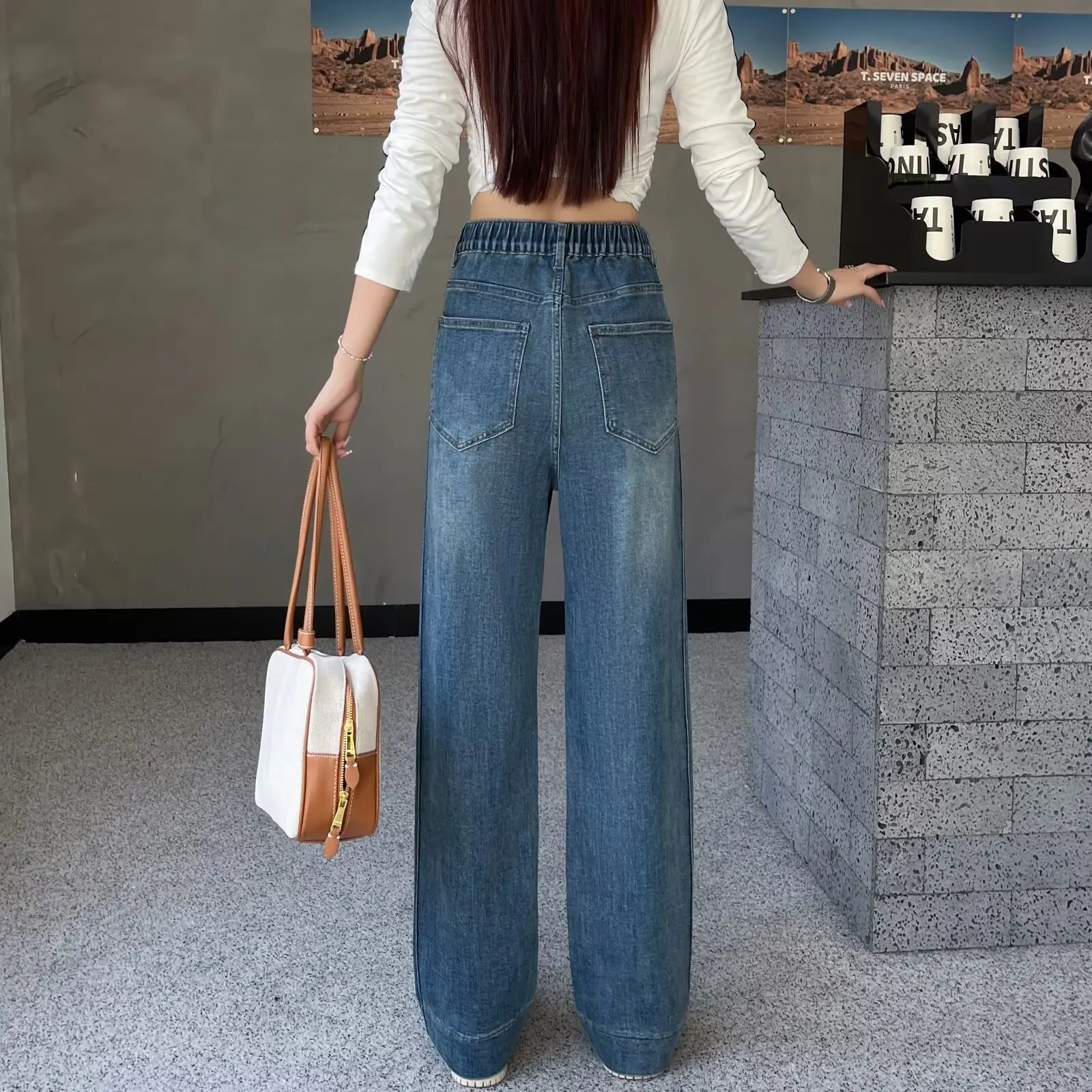 Plus Size Women's Jeans Autumn Wear Simple And Casual VINTAGE Side Splice Stretched Denim Straight Leg Long Pants 8658