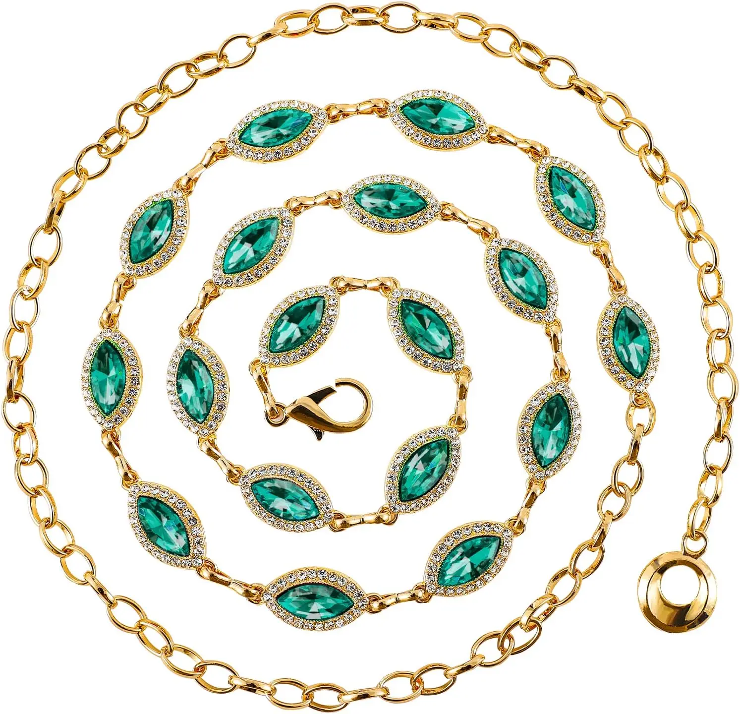 Kristall-Bauch-Taillenkette, Gürtel, goldfarben, geschichtete Bauchkette für Damen – rot-grüner Strass-Diamant-Körperketten-Schmuck – Detail 3