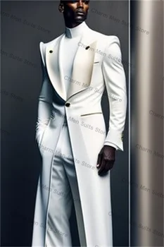 Abiti da uomo bianchi Set 2 pezzi giacca lunga + pantaloni dritti pantaloni personalizzati in cotone sposo smoking da sposa giacca da ballo formale da ufficio